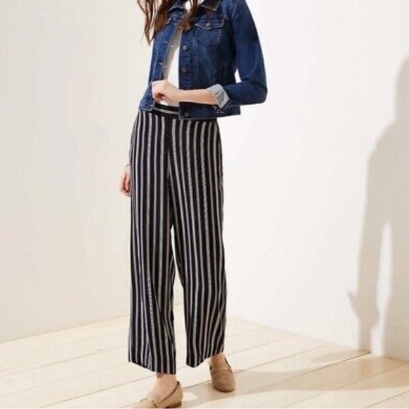LOFT Fluid Black & White Striped Pull-On Wide Leg Pants - Picture 1 of 6